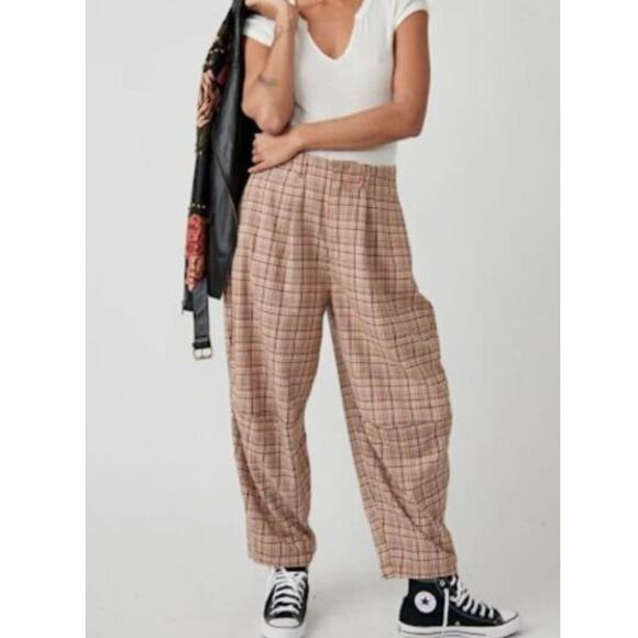 Free People Pants - Free People Turning Point Barrel Leg Trousers Pants Neutral Combo Plaid Size 4